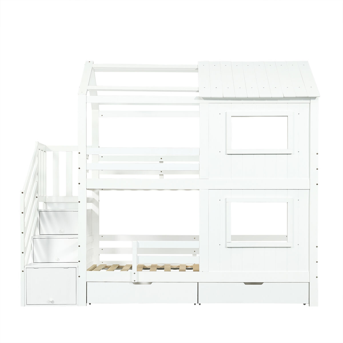 Cama litera infantil 90x200 cm - con treppenschrank, estantes, cajón con ruedas, ventanas y techo - blanco
