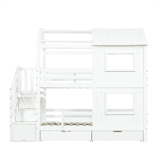 Beliche infantil 90x200 cm - Com armário com escada, prateleiras, gaveta com rodas, janelas e teto - Branco Beliche infantil 90x200 cm - Com armário com escada, prateleiras, gaveta com rodas, janelas e teto - Branco