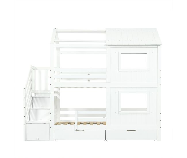 Cama litera infantil 90x200 cm - con treppenschrank, estantes, cajón con ruedas, ventanas y techo - blanco