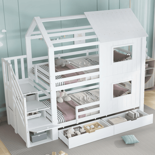 Beliche infantil 90x200 cm - Com armário com escada, prateleiras, gaveta com rodas, janelas e teto - Branco Beliche infantil 90x200 cm - Com armário com escada, prateleiras, gaveta com rodas, janelas e teto - Branco