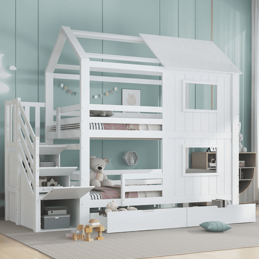 Beliche infantil 90x200 cm - Com armário com escada, prateleiras, gaveta com rodas, janelas e teto - Branco Beliche infantil 90x200 cm - Com armário com escada, prateleiras, gaveta com rodas, janelas e teto - Branco