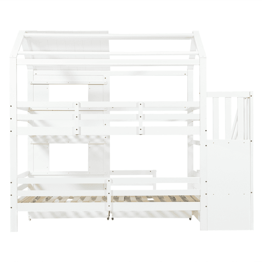 Beliche infantil 90x200 cm - Com armário com escada, prateleiras, gaveta com rodas, janelas e teto - Branco Beliche infantil 90x200 cm - Com armário com escada, prateleiras, gaveta com rodas, janelas e teto - Branco
