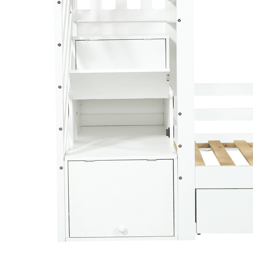 Beliche infantil 90x200 cm - Com armário com escada, prateleiras, gaveta com rodas, janelas e teto - Branco Beliche infantil 90x200 cm - Com armário com escada, prateleiras, gaveta com rodas, janelas e teto - Branco