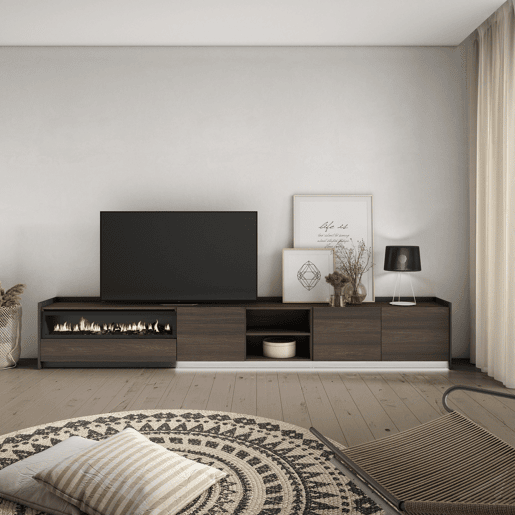 Móvel de TV, Muito espaço de arrumação, 310x37x50cm, Para televisores até 80, Lareira eléctrica, LED, Estilo moderno, Carvalho escuro e Preto