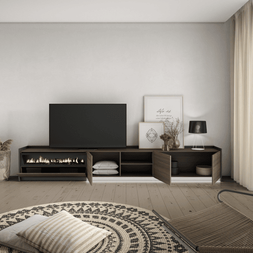 Móvel de TV, Muito espaço de arrumação, 310x37x50cm, Para televisores até 80, Lareira eléctrica, LED, Estilo moderno, Carvalho escuro e Preto