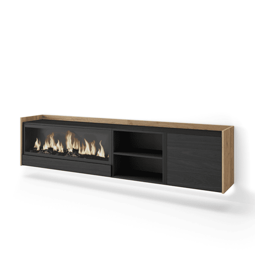 Móvel de TV, Muito espaço de arrumação, 212x35x50cm, Para televisores até 80, Lareira eléctrica XXL, Suspensos, LED, Estilo moderno, Preto e Carvalho