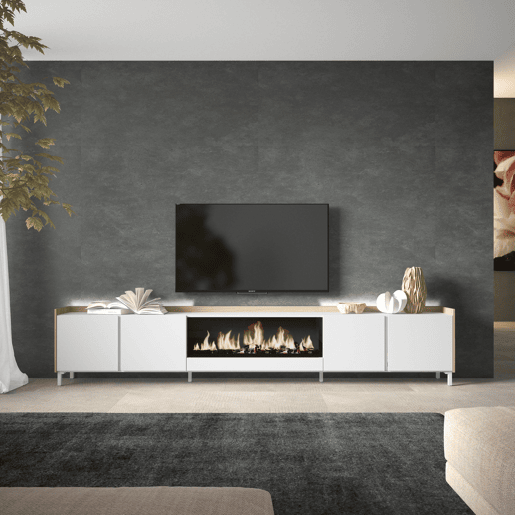Móvel de TV, Muito espaço de arrumação, 315x35x61cm, Para televisores até 80, Lareira eléctrica XXL, Design industrial, LED, Estilo moderno, Branco e Carvalho soft Móvel de TV, Muito espaço de arrumação, 315x35x61cm, Para televisores até 80, Lareira eléctrica XXL, Design industrial, LED, Estilo moderno, Branco e Carvalho soft