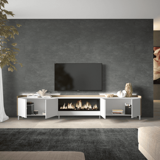 Móvel de TV, Muito espaço de arrumação, 315x35x61cm, Para televisores até 80, Lareira eléctrica XXL, Design industrial, LED, Estilo moderno, Branco e Carvalho soft Móvel de TV, Muito espaço de arrumação, 315x35x61cm, Para televisores até 80, Lareira eléctrica XXL, Design industrial, LED, Estilo moderno, Branco e Carvalho soft