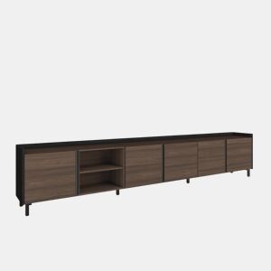 Móvel de TV, Muito espaço de arrumação, 309x35x61cm, Para televisores até 80, Design industrial, Estilo moderno, Carvalho escuro e Preto