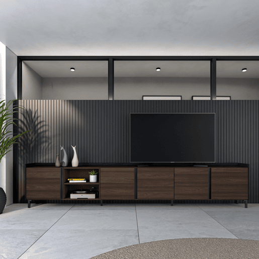 Móvel de TV, Muito espaço de arrumação, 309x35x61cm, Para televisores até 80, Design industrial, Estilo moderno, Carvalho escuro e Preto Móvel de TV, Muito espaço de arrumação, 309x35x61cm, Para televisores até 80, Design industrial, Estilo moderno, Carvalho escuro e Preto