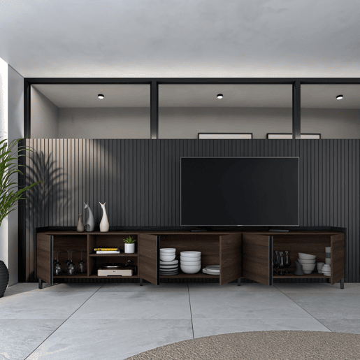 Móvel de TV, Muito espaço de arrumação, 309x35x61cm, Para televisores até 80, Design industrial, Estilo moderno, Carvalho escuro e Preto Móvel de TV, Muito espaço de arrumação, 309x35x61cm, Para televisores até 80, Design industrial, Estilo moderno, Carvalho escuro e Preto