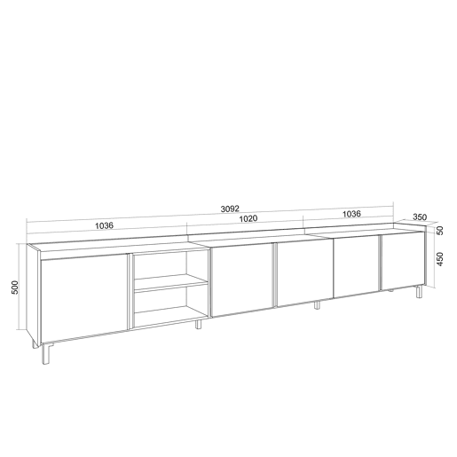 Móvel de TV, Muito espaço de arrumação, 309x35x61cm, Para televisores até 80, Design industrial, Estilo moderno, Carvalho escuro e Preto Móvel de TV, Muito espaço de arrumação, 309x35x61cm, Para televisores até 80, Design industrial, Estilo moderno, Carvalho escuro e Preto