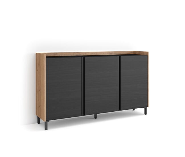 Aparador para salón, gran capacidad de almacenaje, 156x35x91cm, 3 puertas, diseño industrial, led, estilo moderno, negro y roble