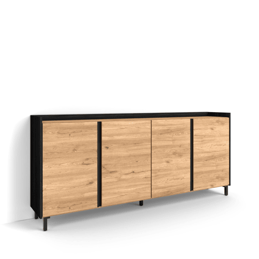 Aparador sala de jantar, Sala, Cozinha, Entrada, TV, 207x35x91cm, 4 Portas, Design industrial, Estilo moderno, Carvalho e preto Aparador sala de jantar, Sala, Cozinha, Entrada, TV, 207x35x91cm, 4 Portas, Design industrial, Estilo moderno, Carvalho e preto