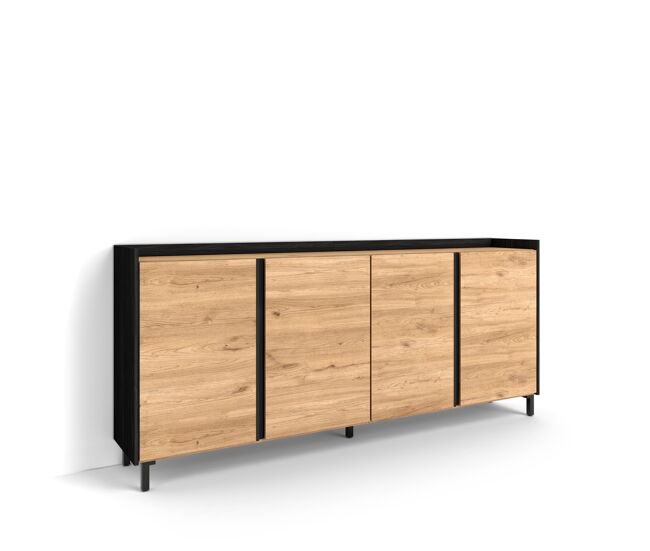 Aparador para salón, gran capacidad de almacenaje, 207x35x91cm, 4 puertas, diseño industrial, estilo moderno, roble y negro