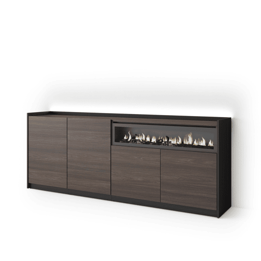 Aparador sala de jantar, Sala, Cozinha, Entrada, TV, 207x37x80cm, 4 Portas, Lareira eléctrica, LED, Estilo moderno, Carvalho escuro e Preto Aparador sala de jantar, Sala, Cozinha, Entrada, TV, 207x37x80cm, 4 Portas, Lareira eléctrica, LED, Estilo moderno, Carvalho escuro e Preto