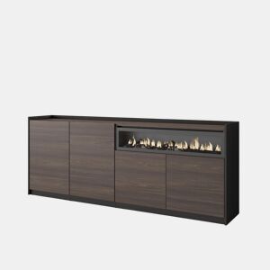 Aparador sala de jantar, Sala, Cozinha, Entrada, TV, 207x37x80cm, 4 Portas, Lareira eléctrica, LED, Estilo moderno, Carvalho escuro e Preto