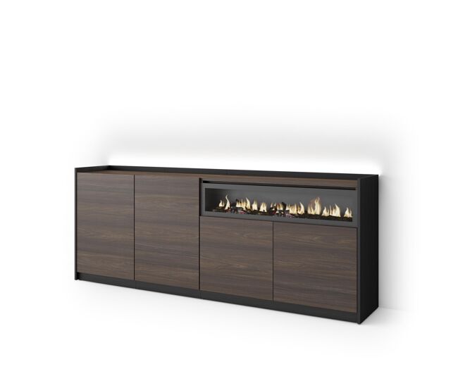 Aparador para salón, gran capacidad de almacenaje, 207x37x80cm, 4 puertas, chimenea eléctrica, led, estilo moderno, roble oscuro y negro