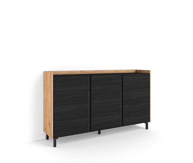 Aparador para salón, gran capacidad de almacenaje, 156x35x91cm, 3 puertas, diseño industrial, estilo moderno, negro y roble