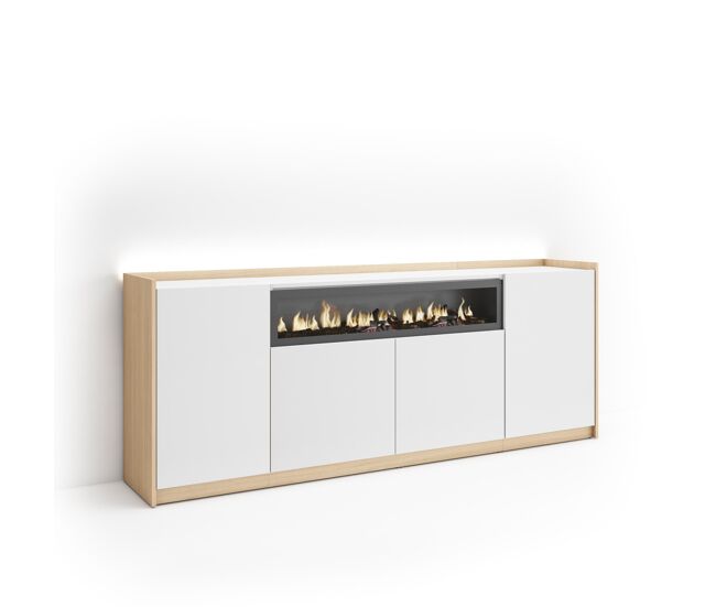 Aparador para salón, gran capacidad de almacenaje, 207x37x80cm, 4 puertas, chimenea eléctrica, led, estilo moderno, blanco y roble soft
