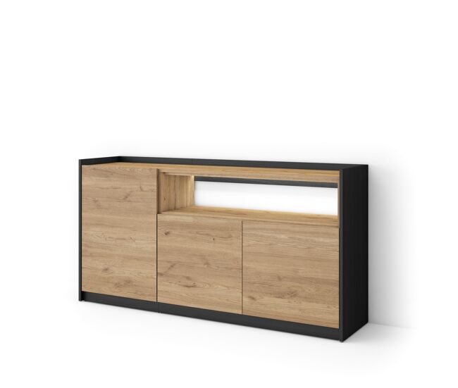 Aparador para salón, gran capacidad de almacenaje, 156x37x80cm, 3 puertas, led, estilo moderno, roble y negro