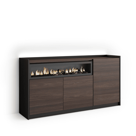 Aparador sala de jantar, Sala, Cozinha, Entrada, TV, 156x37x80cm, 3 Portas, Lareira eléctrica, LED, Estilo moderno, Carvalho escuro e Preto Aparador sala de jantar, Sala, Cozinha, Entrada, TV, 156x37x80cm, 3 Portas, Lareira eléctrica, LED, Estilo moderno, Carvalho escuro e Preto