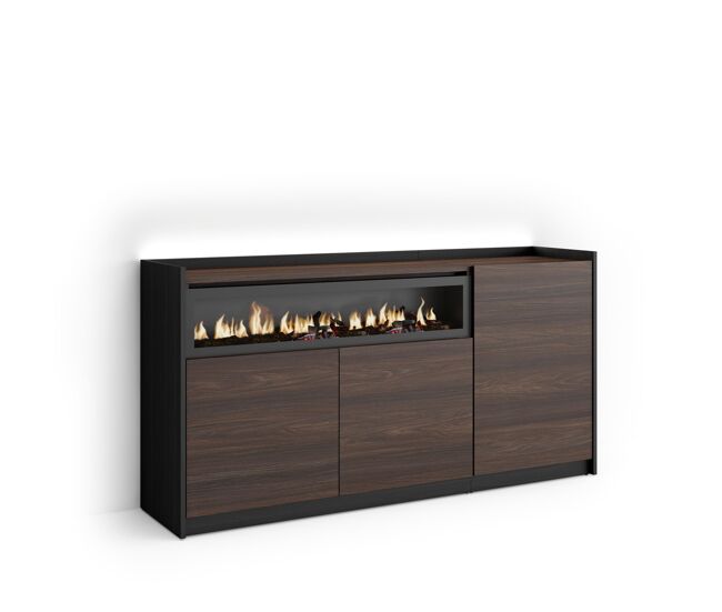 Aparador para salón, gran capacidad de almacenaje, 156x37x80cm, 3 puertas, chimenea eléctrica, led, estilo moderno, roble oscuro y negro