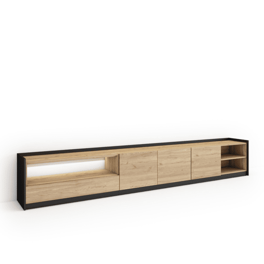 Móvel de TV, Muito espaço de arrumação, 310x37x50cm, Para televisores até 80, LED, Estilo moderno, Carvalho e preto Móvel de TV, Muito espaço de arrumação, 310x37x50cm, Para televisores até 80, LED, Estilo moderno, Carvalho e preto