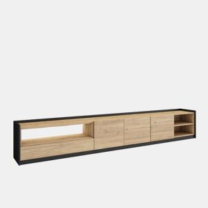 Móvel de TV, Muito espaço de arrumação, 310x37x50cm, Para televisores até 80, LED, Estilo moderno, Carvalho e preto