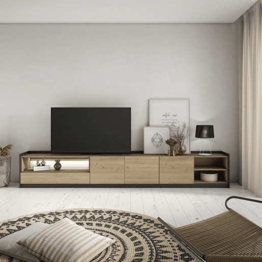 Móvel de TV, Muito espaço de arrumação, 310x37x50cm, Para televisores até 80, LED, Estilo moderno, Carvalho e preto Móvel de TV, Muito espaço de arrumação, 310x37x50cm, Para televisores até 80, LED, Estilo moderno, Carvalho e preto