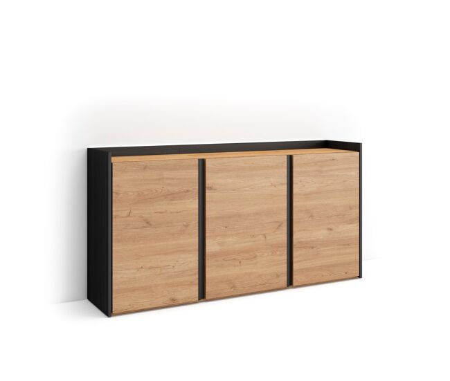 Aparador para salón, gran capacidad de almacenaje, 156x35x80cm, 3 puertas, led, estilo moderno, roble y negro