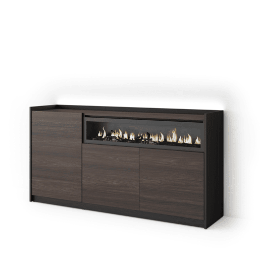 Aparador sala de jantar, Sala, Cozinha, Entrada, TV, 156x37x80cm, 3 Portas, Lareira eléctrica, LED, Estilo moderno, Carvalho escuro e Preto Aparador sala de jantar, Sala, Cozinha, Entrada, TV, 156x37x80cm, 3 Portas, Lareira eléctrica, LED, Estilo moderno, Carvalho escuro e Preto