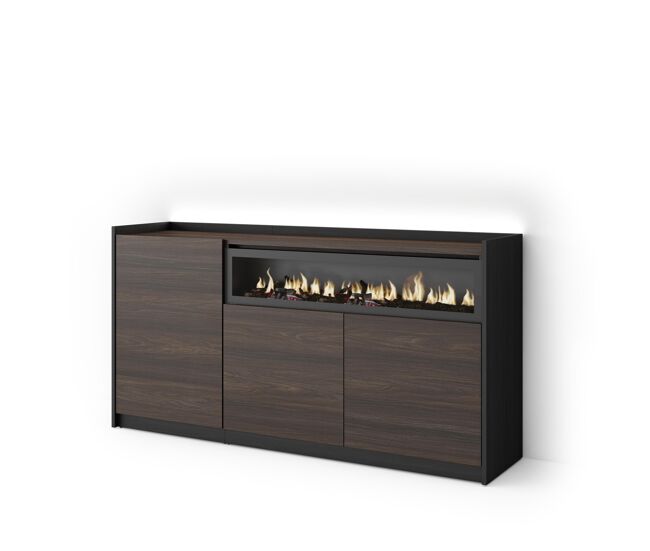 Aparador para salón, gran capacidad de almacenaje, 156x37x80cm, 3 puertas, chimenea eléctrica, led, estilo moderno, roble oscuro y negro