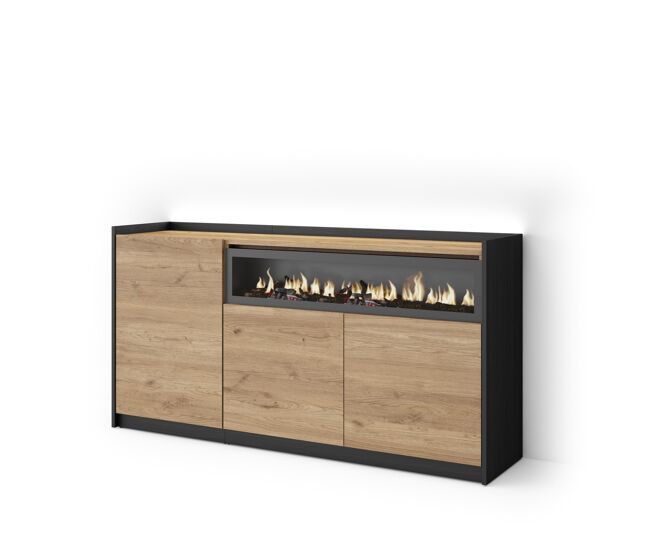 Aparador para salón, gran capacidad de almacenaje, 156x37x80cm, 3 puertas, chimenea eléctrica, led, estilo moderno, roble y negro