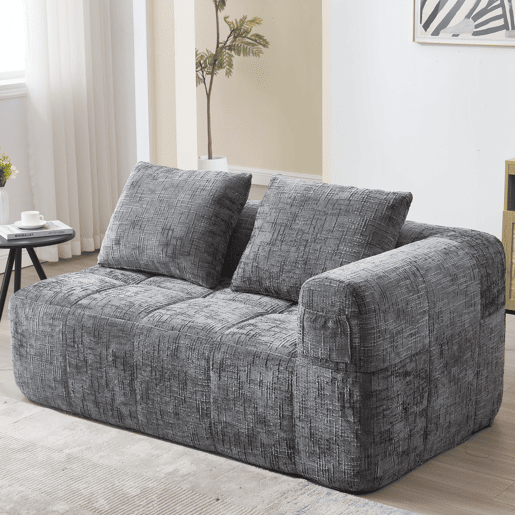 Sofá confortável de 2 lugares - Sem montagem, com almofada, bolsos laterais, cinzento