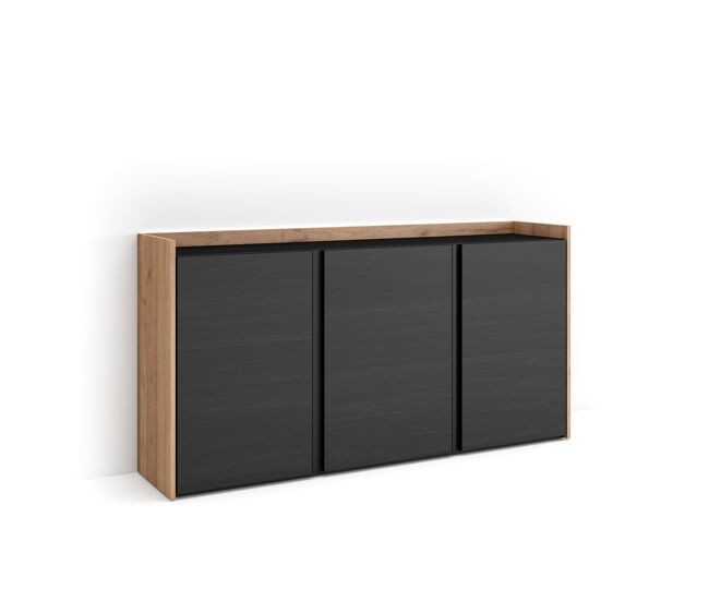 Aparador para salón, gran capacidad de almacenaje, 156x35x80cm, 3 puertas, led, estilo moderno, negro y roble