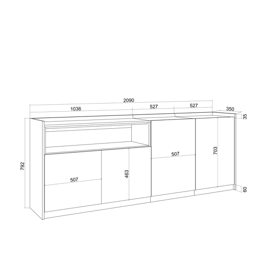 Aparador sala de jantar, Sala, Cozinha, Entrada, TV, 207x37x80cm, 4 Portas, LED, Estilo moderno, Carvalho escuro e Preto