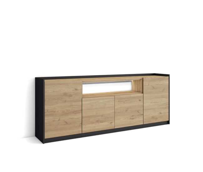 Aparador para salón, gran capacidad de almacenaje, 207x37x80cm, 4 puertas, led, estilo moderno, roble y negro