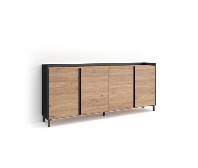 Aparador para salón, gran capacidad de almacenaje, 207x35x91cm, 4 puertas, diseño industrial, led, estilo moderno, roble y negro