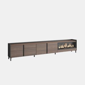 Móvel de TV, Muito espaço de arrumação, 315x35x61cm, Para televisores até 80, Lareira eléctrica XXL, Design industrial, Estilo moderno, Carvalho escuro e Preto