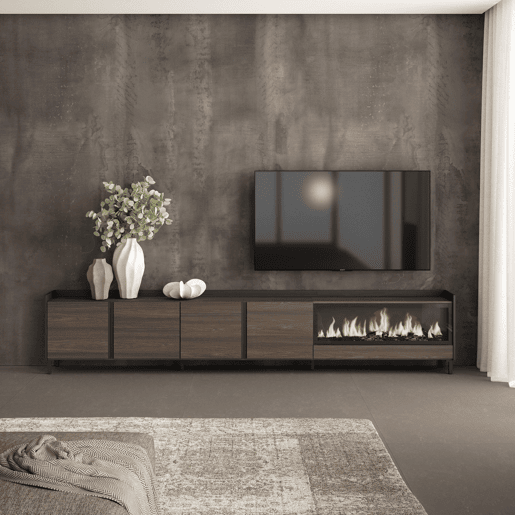 Móvel de TV, Muito espaço de arrumação, 315x35x61cm, Para televisores até 80, Lareira eléctrica XXL, Design industrial, Estilo moderno, Carvalho escuro e Preto Móvel de TV, Muito espaço de arrumação, 315x35x61cm, Para televisores até 80, Lareira eléctrica XXL, Design industrial, Estilo moderno, Carvalho escuro e Preto