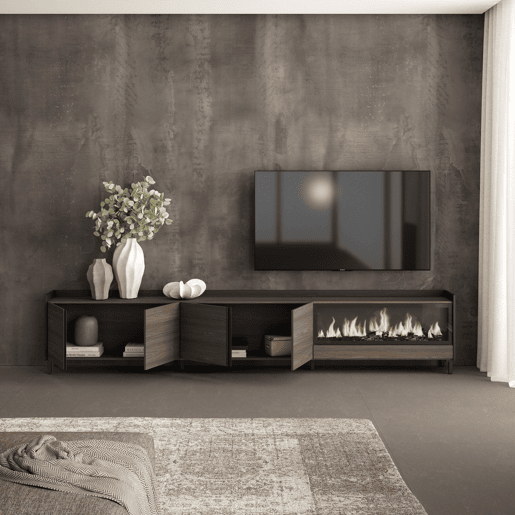 Móvel de TV, Muito espaço de arrumação, 315x35x61cm, Para televisores até 80, Lareira eléctrica XXL, Design industrial, Estilo moderno, Carvalho escuro e Preto Móvel de TV, Muito espaço de arrumação, 315x35x61cm, Para televisores até 80, Lareira eléctrica XXL, Design industrial, Estilo moderno, Carvalho escuro e Preto