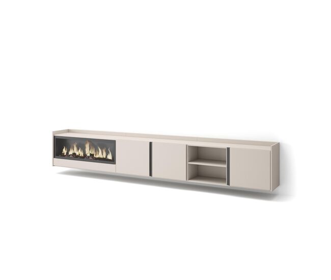 Mueble tv, televisión, muebles de salón, almacenaje, 315x35x50cm, para tv hasta 80", chimenea eléctrica xxl, colgado, suspendido, estilo moderno, beige