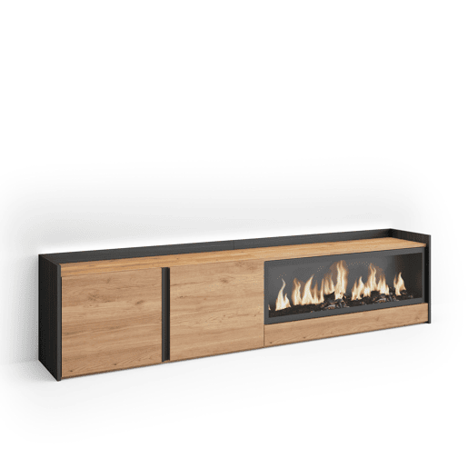 Móvel de TV, Muito espaço de arrumação, 212x35x50cm, Para televisores até 80, Lareira eléctrica XXL, LED, Estilo moderno, Carvalho e preto Móvel de TV, Muito espaço de arrumação, 212x35x50cm, Para televisores até 80, Lareira eléctrica XXL, LED, Estilo moderno, Carvalho e preto