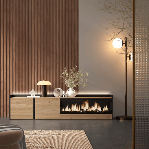 Móvel de TV, Muito espaço de arrumação, 212x35x50cm, Para televisores até 80, Lareira eléctrica XXL, LED, Estilo moderno, Carvalho e preto Móvel de TV, Muito espaço de arrumação, 212x35x50cm, Para televisores até 80, Lareira eléctrica XXL, LED, Estilo moderno, Carvalho e preto