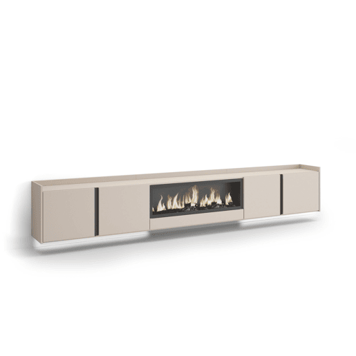 Móvel de TV, Muito espaço de arrumação, 315x35x50cm, Para televisores até 80, Lareira eléctrica XXL, Suspensos, LED, Estilo moderno, Bege