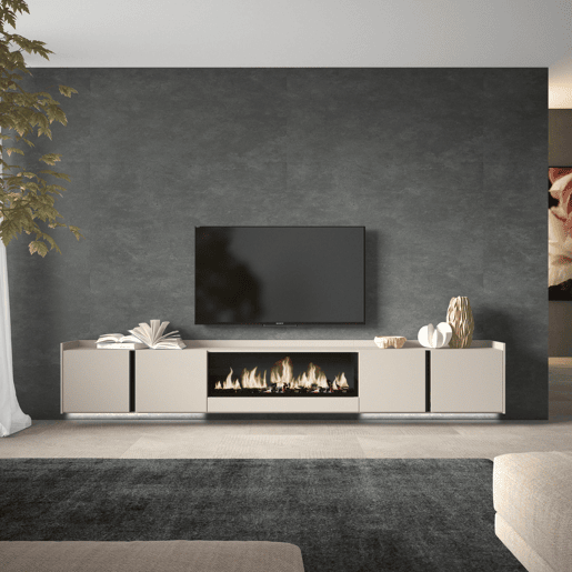 Móvel de TV, Muito espaço de arrumação, 315x35x50cm, Para televisores até 80, Lareira eléctrica XXL, Suspensos, LED, Estilo moderno, Bege