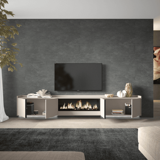 Móvel de TV, Muito espaço de arrumação, 315x35x50cm, Para televisores até 80, Lareira eléctrica XXL, Suspensos, LED, Estilo moderno, Bege