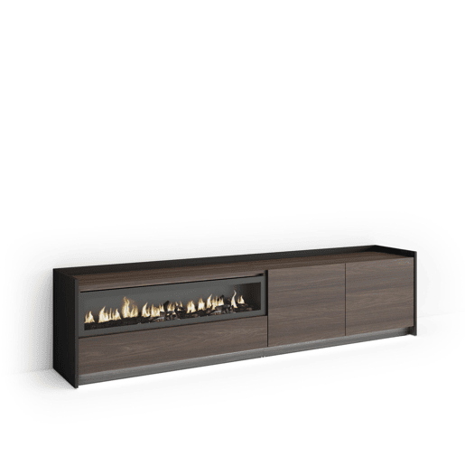 Móvel de TV, Muito espaço de arrumação, 207x37x50cm, Para televisores até 80, Lareira eléctrica, LED, Estilo moderno, Carvalho escuro e Preto