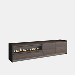 Móvel de TV, Muito espaço de arrumação, 207x37x50cm, Para televisores até 80, Lareira eléctrica, LED, Estilo moderno, Carvalho escuro e Preto
